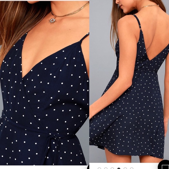 Lulu’s Jazzed Up Navy Blue Polka Dot Wrap Dress - Picture 2 of 8